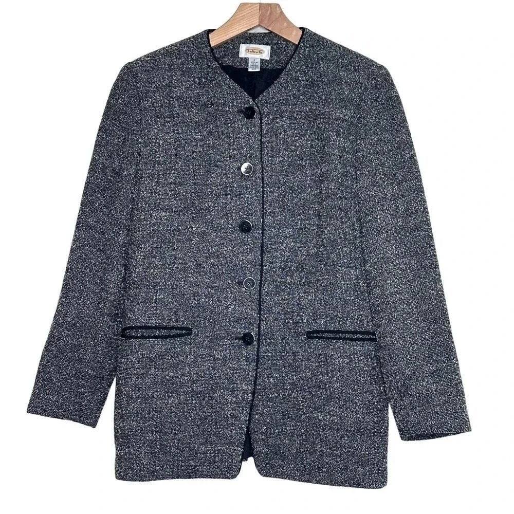 Talbots Blazer Size‎ 4 Black White Wool Tweed Collarless Button Front Jacket